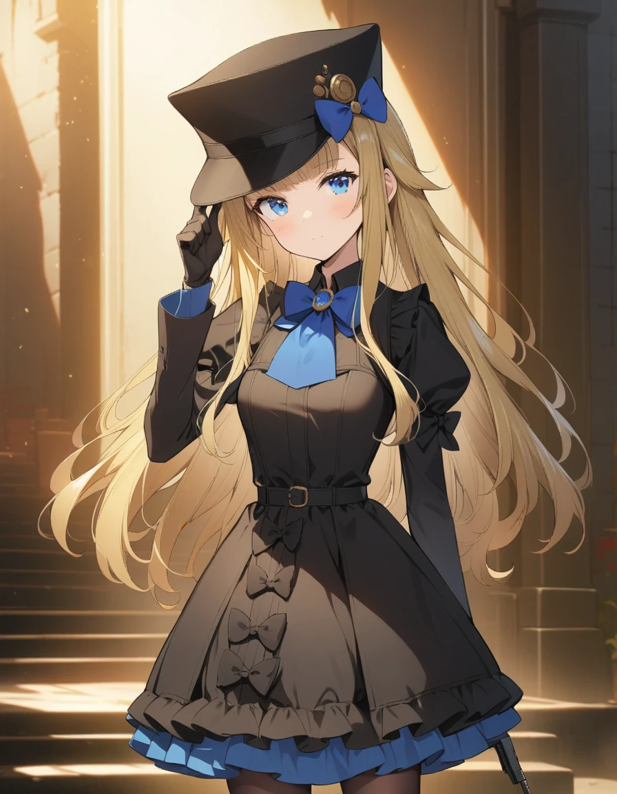 ((Best quality))),((Ultra-detailed)),((illustration)),((Disheveled hair)),((frilld)),(1 girl),(Solo), 1girl, gun, handgun, hat, holding, holding_gun, looking_at_viewer, solo, weapon, rating:safe, adjusting_clothes, adjusting_hat, adjusting_headwear, black_footwear, black_gloves, black_hat, black_headwear, black_legwear, black_pantyhose, blonde_hair, blue_bow, blue_eyes, boots, bow, clothing, dress, female, female_only, footwear, frills, gloves, headwear, holding_weapon, knee_boots, legwear, long_hair, makaria, pantyhose, pistol, pointing, pointing_at_viewer, pouch, olo, standing