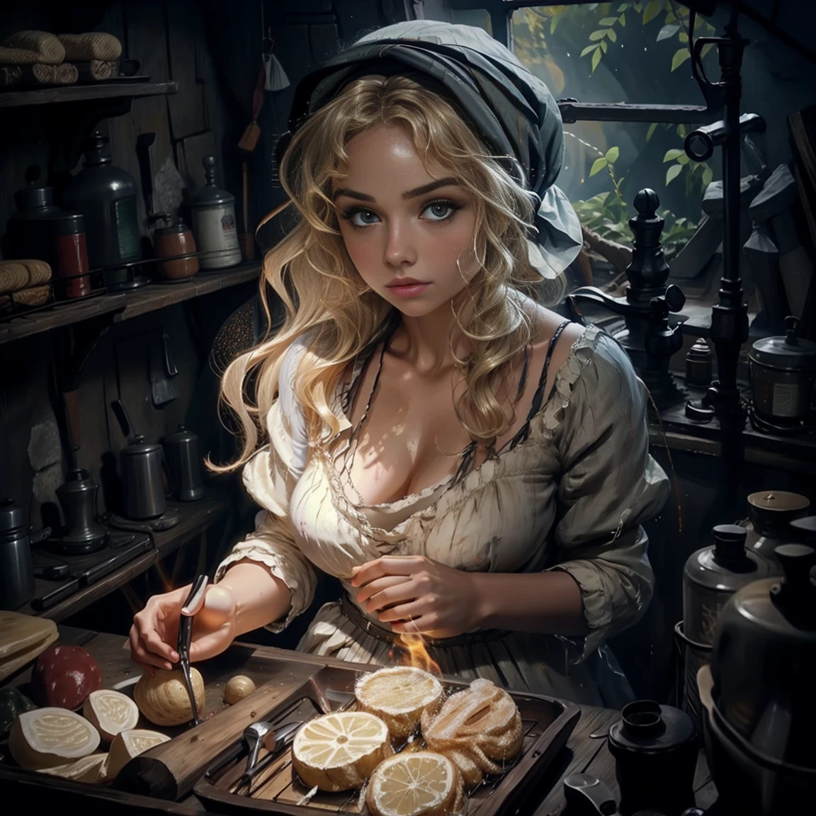 young woman with a *********** face , beautiful. Peasant, working in the field, sweating, big marked breasts, At dusk, blonde wavy hair,  with a headscarf. Sweaty, sensual, Strong gaze, country woman.