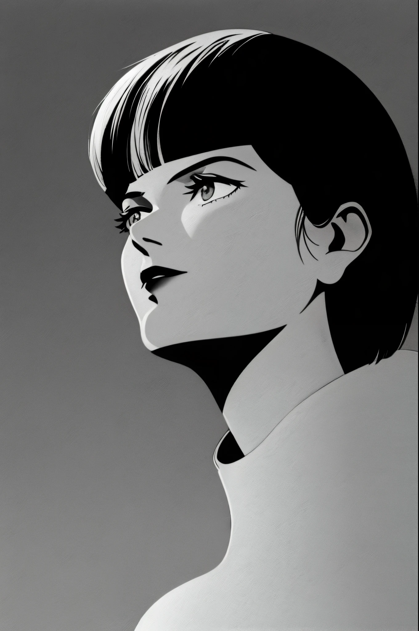 1girl, solo, monochrome, greyscale, bob cut, black turtleneck, seductive smile, closed mouth, from below, looking up, side view, blunt bangs, sketch, art, graphite, hatching, realistic, detailed, high contrast, chiaroscuro, cinematic lighting, moody atmosphere, contemplative expression, masterpiece, 8K,