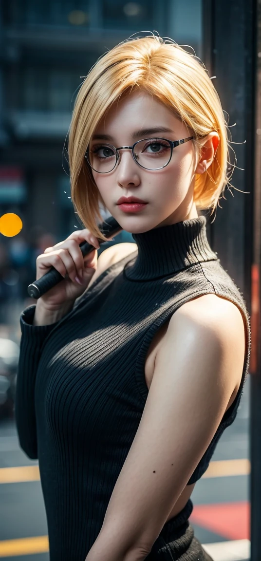 bad gril,\blond woman with glasses and a baseball bat in her hand, artwork in the style of guweiz, guweiz, ilya kuvshinov. 4 k, realistic anime 3 d style, anime style. 8k, digital art ilya kuvshinov, anime vibes, ross tran style, ilya kuvshinov style, guweiz masterpiece