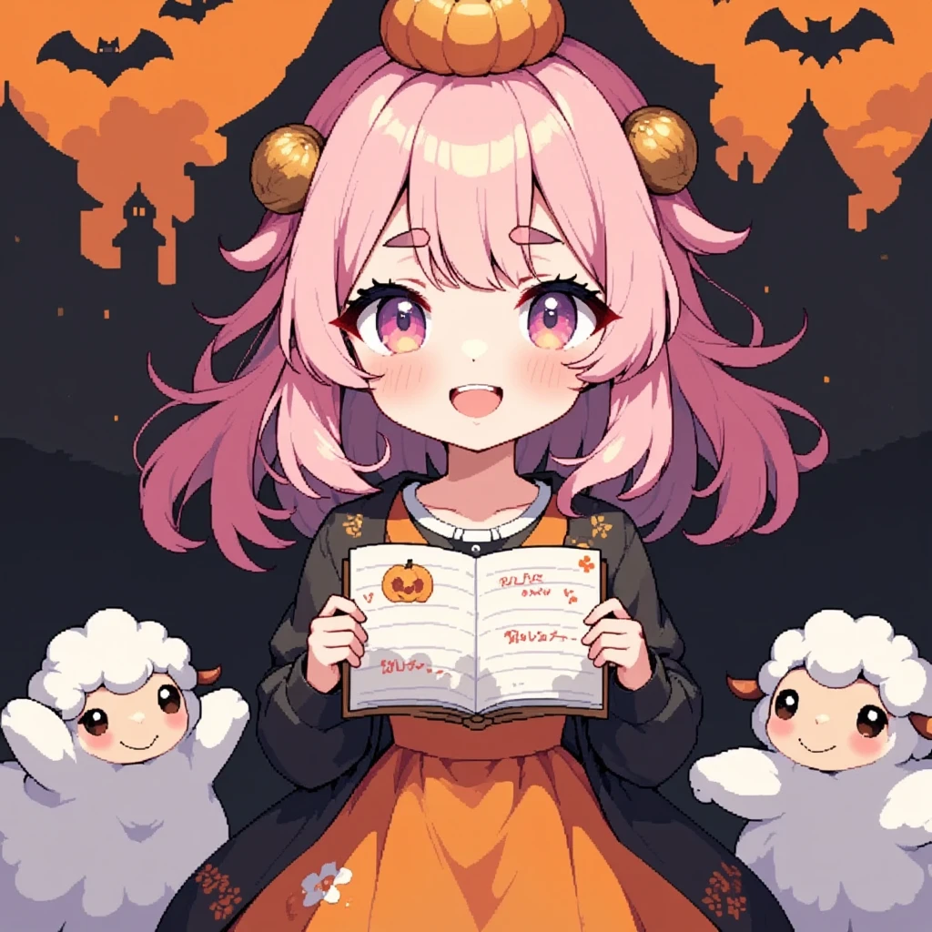 1girl, Alone, cute, Pink fluffy hair, Thick eyebrows,  big smile, jack-o-lantern round hat, Pumpkin-colored dress , black cardigan with beautiful spider web decoration, cowboy shot, Letters and pictures written on a sketchbook held in front of the chest:1.3, "Thank you for your 20k favorites♥", cute sheep doodle :0.85, Orange and black background,  cute ghosts are flying in the sky , Bat silhouette