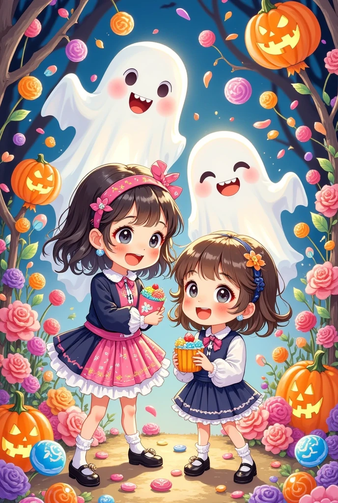  cute ghosts and girls，Make games ，teeth，laughing out loud，Open your arms。wow！！！Candy rain，Lots of candy