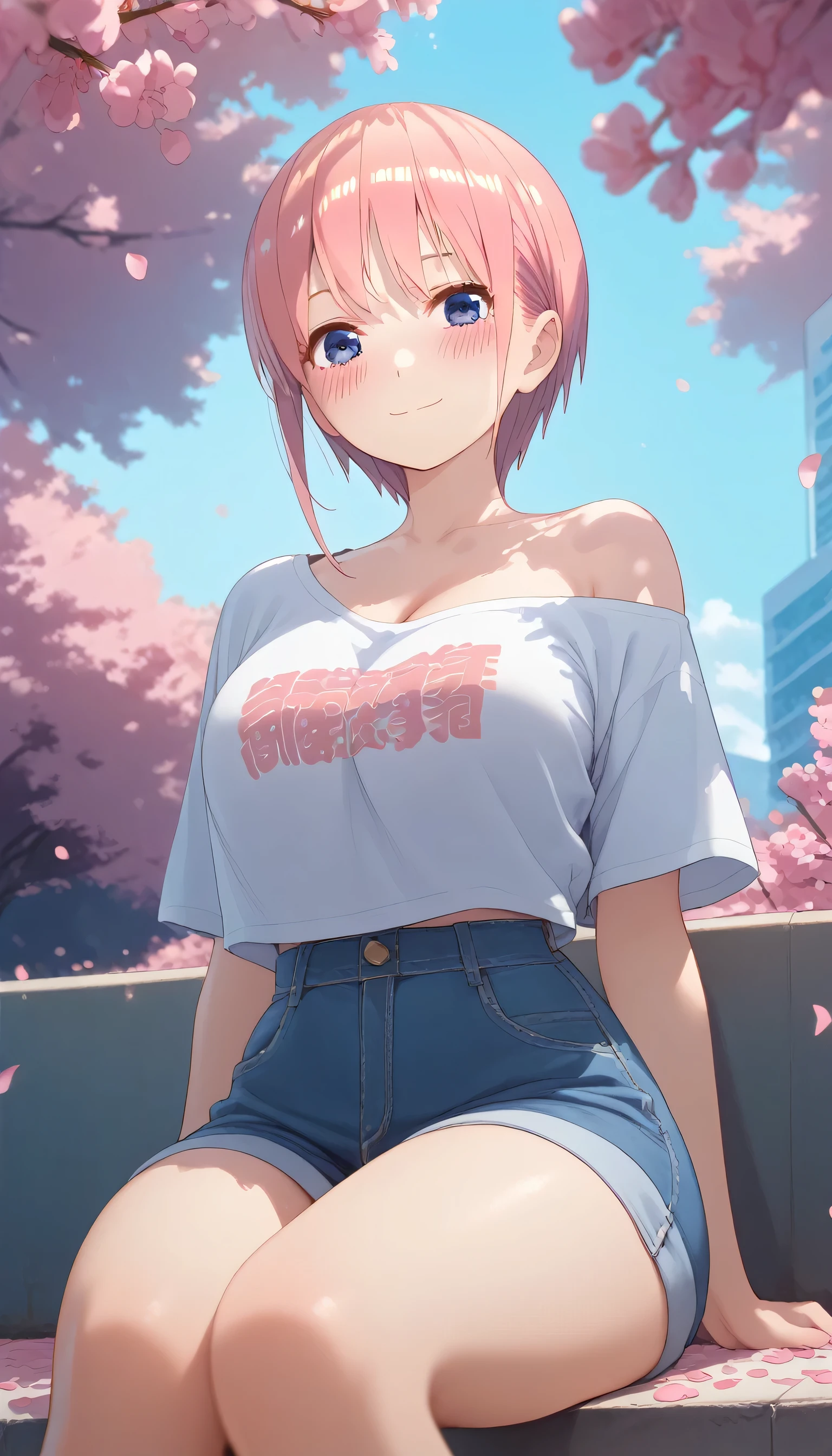 Front view, (from below:0.8), score_9_up,score_8_up, Ichika Nakano,1girl, solo, blue eyes, pink hair, ((blush)), closed mouth, smile, big breast, big thighs, wearing a cropped off-shoulder t-shirt, show cleavage, denim short, ((sitting)), (sakura petals), ((entertainment park))