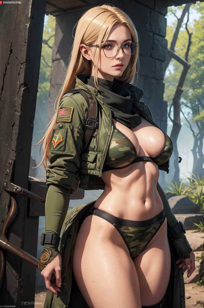 realistic 1.2, 1 woman, 25 years, Best sexy breasts , tactical vest, full, camouflage uniform,  Gulf War style suit , coldre de perna, athletic, scarf, boot, glasses, thin waist,  Gulf War style suit , full, camouflage uniform, wealth of details,  tight panties marked on the front , golden hair, in the forest, vfx (Visual Effect)  highlighting the intricate anatomical features in a perfect way. sfx,  complements visual art , immersing the viewer. The level of detail is inspiring, with meticulously crafted intricate elements,  volumetric effects add depth and dimension , and the photorealism is unmatched.  The image is rendered in 8K resolution ,  ensuring super detailed visuals , highlighting your beauty and aura in an otherworldly way.  High Dynamic Range technology  (HDR)  makes the cores stand out , adding richness to the overall composition. Finally, this art presents an unreal portrait.