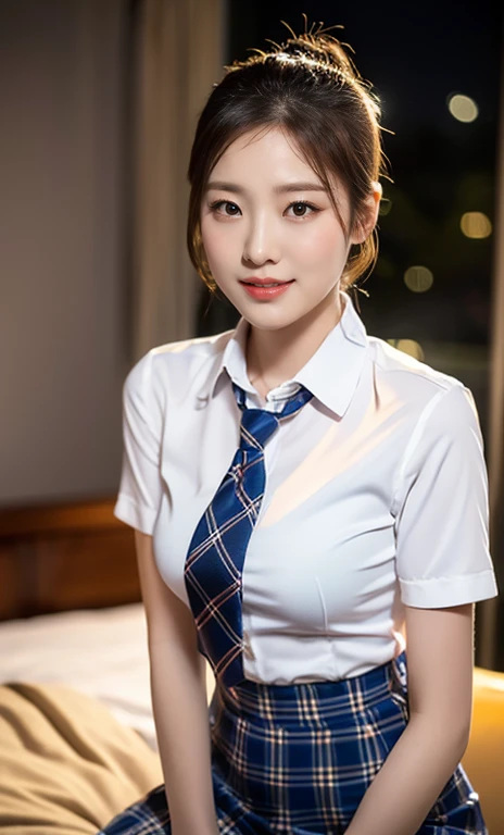 masterpiece, best quality, ultra-detailed, 1girl, aris, white jacket, white shirt, blue necktie, pleated skirt, halo, indoors, smile 