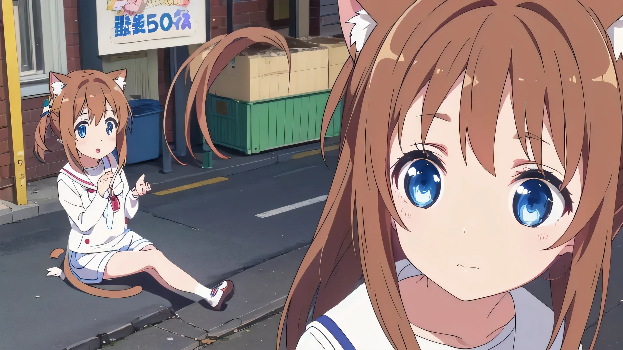 cat girl bear girl cute excellent quality on Akihabara street in  brown hair brown eyes white hair blue eyes 