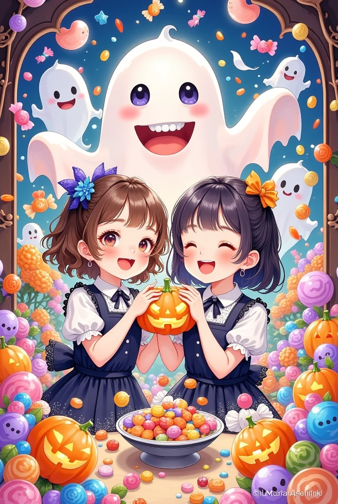  exquisite cartoon digital illustration： cute ghosts and girls，Make games ，teeth，laughing out loud，Open your arms。wow！！！Candy rain，Lots of candy，