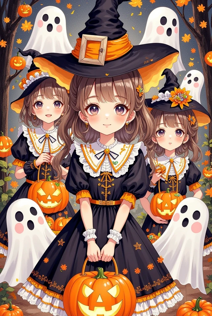  a group of girls in ghost heads and pumpkin costumes, Splash Art Anime, Trick or Treat, Scary cute , Lovely art style,  trending on Artstation and Pixiv , Holographic Live Broadcast, Anime Cover,  Anime fantasy illustration,  Halloween art style , Lovely写实肖像, Guys, Official Fan Art, Anime illustrations,  Official artwork , Lovely anime style, 🍂 Lovely, Candy Girl