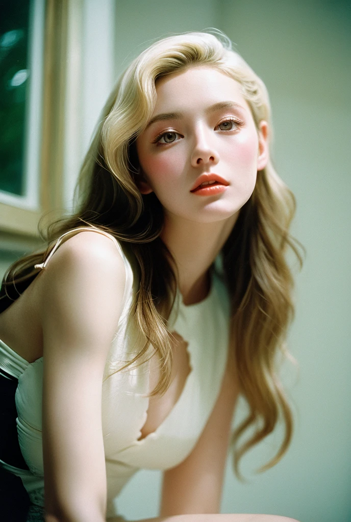 Elite style, very beautiful girl, supermodel like feature, wavy Hair, 1999 style, pale porcelain skin, analog, grainy film, old money style