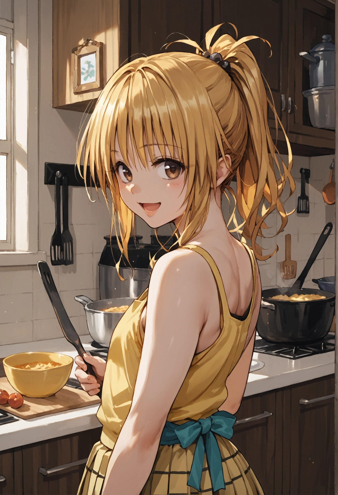 score_9, score_8_up, score_7_up, source_anime, 1girl, yuuki mikan, ponytail, brown eyes, yellow tank top, pleated skirt, blue skirt,kitchen, looking back, cooking, smile, open mouth, upper body,