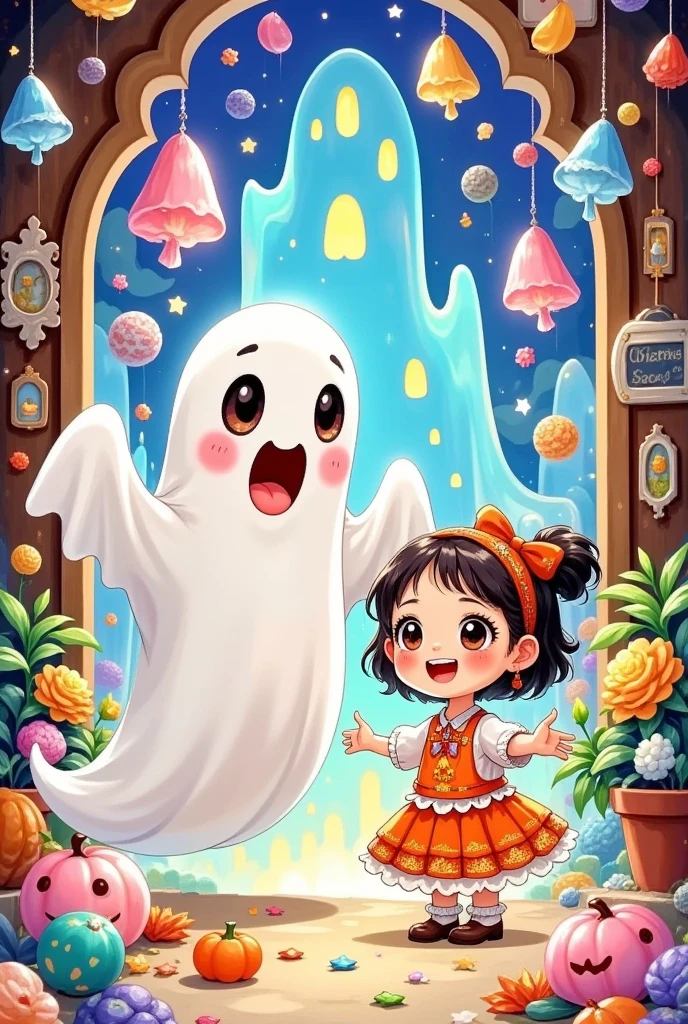 beautiful cartoon digital illustration：cute ghost and girl，Make games ，teeth，laughing out loud，Open your arms。wow！！！Candy rain，Lots of candy，