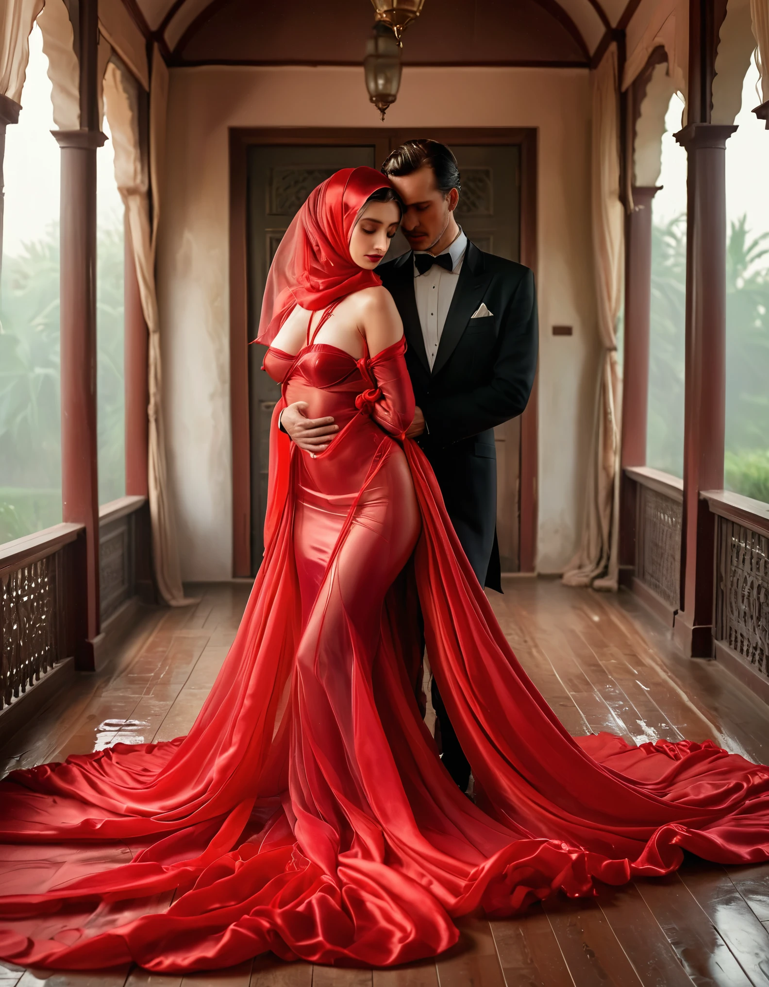 A man with tuxedo hug a woman who shrouded in a 10-meter-long, plush red semi transparent silk cloth, slim body with big breast, tightly bound and grandly draping along the form of her body, flowing off into a pooled floor-length train, styled in a mermaid-inspired outfit, her head modestly veiled in a silk satin hijab,a man hug from behind, tall woman, strugle to move, tight outfit, sexy pose in front of the simple house, a full-body pose conveying a sense of mysterious elegance, captured in a 4k resolution, ultra-realistic