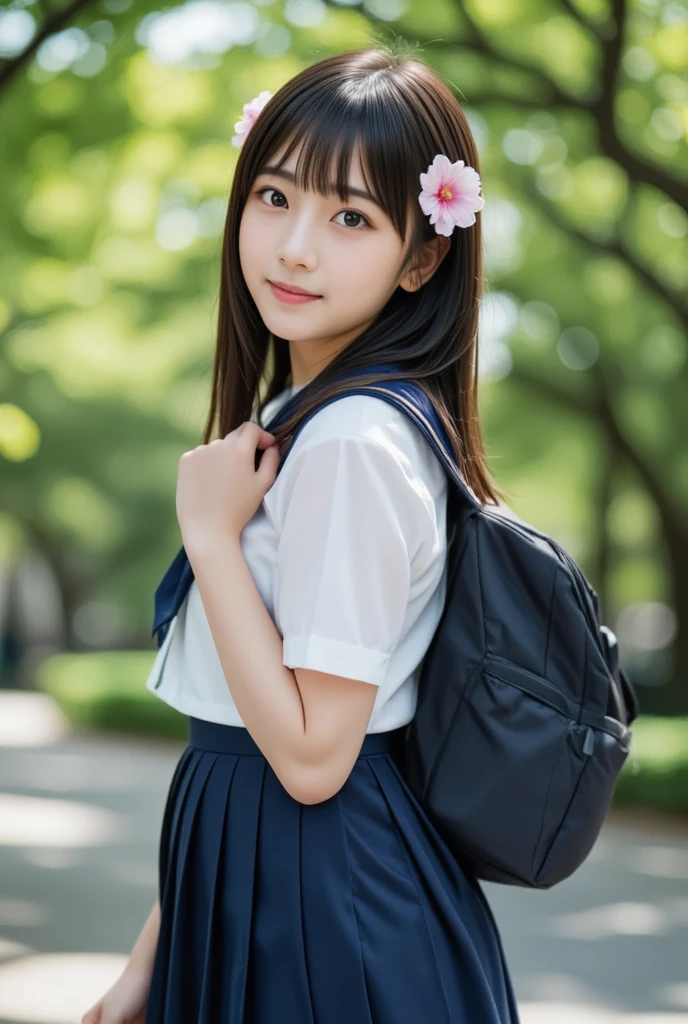 (8k、Original photo、top-quality、masterpiece:1.2)、(Realistic、 Realistic :1.37)、  ultra detail with flowers on hair 、 super high definition、 1 girl、((Age 15))、( BEAUTIFUL GIRLS, baby face,  super cute idol-like face :1.2), (I'm wearing a dark blue pleated skirt )、( short hair:1.2)、 Black Hair 、With bangs, Japanese High School Uniform、((Sailor suit,  in a park with beautiful green nature))、  carry a school backpack,