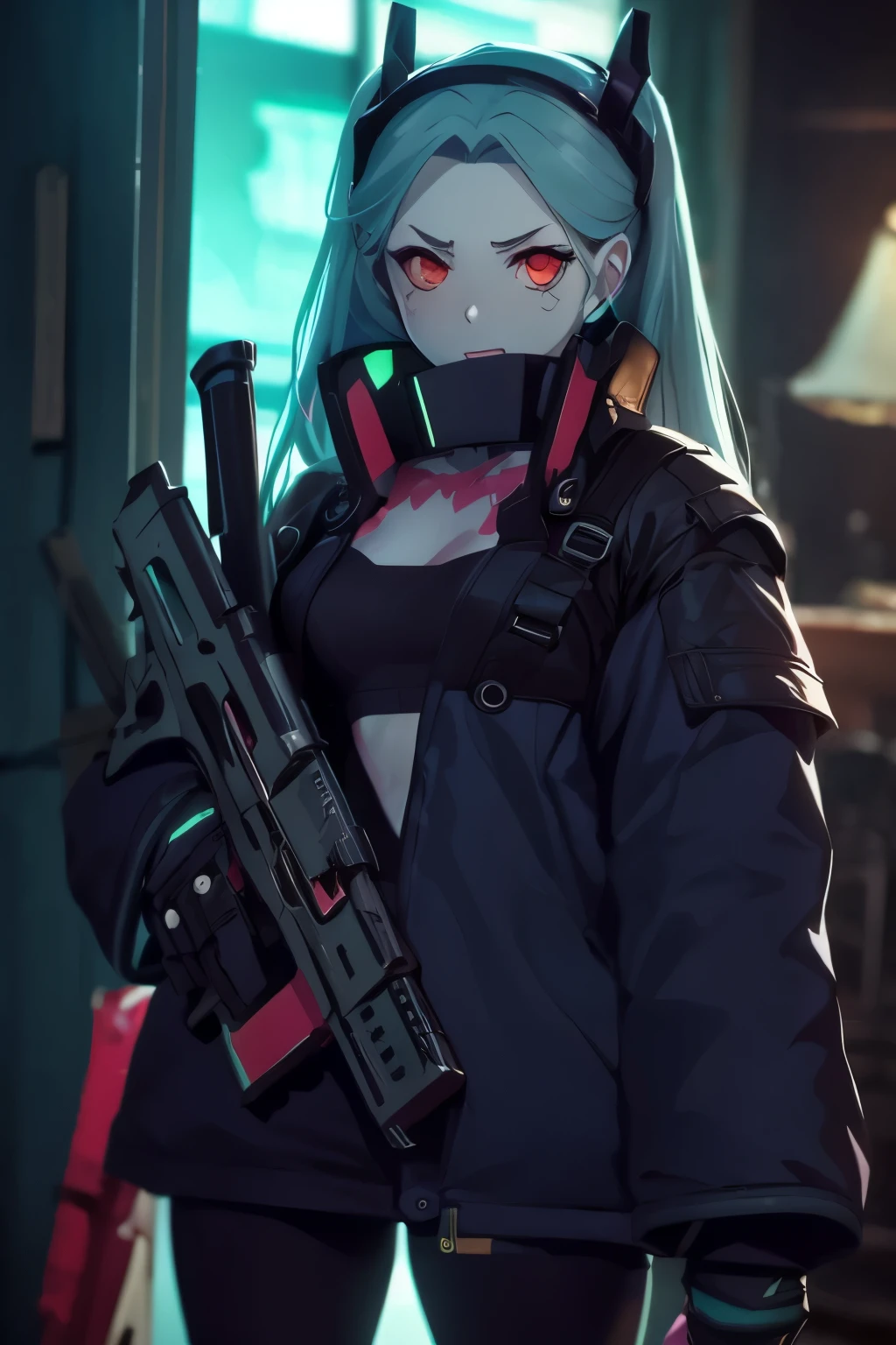 Anime art. Rebecca, 1girl, ((holding a big gun)). Highy detailed, face detailed, intricate, vivid colors, cinematic lighting, 4K.