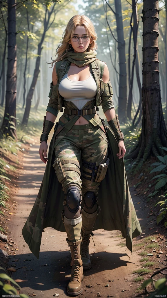 realistic 1.2, 1 woman, 25 years, Best sexy breasts , tactical vest, full, camouflage uniform,  Gulf War style suit , coldre de perna, athletic, scarf, boot, glasses, thin waist,  Gulf War style suit , full, camouflage uniform, wealth of details, shorts with tight markings on the front, golden hair, in the forest, vfx (Visual Effect)  highlighting the intricate anatomical features in a perfect way. sfx, complements visual art, immersing the viewer. The level of detail is inspiring,  with meticulously crafted intricate elements ,  volumetric effects add depth and dimension , and the photorealism is unmatched.  The image is rendered in 8K resolution ,  ensuring super detailed visuals ,  highlighting their beauty and the aura of a supernatural form .  High Dynamic Range technology  (HDR)  makes the cores stand out , adding richness to the overall composition. Finally, this art presents an unreal portrait.