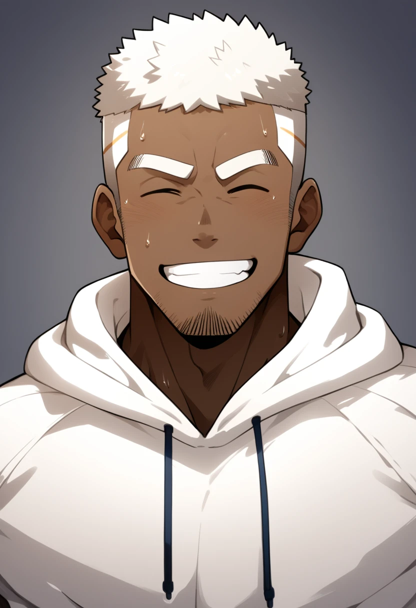 One Black person, anime characters：Gyee, Young Muscle Sports Sexy Teacher, sweat, negro black skin, pectoralis major, male focus, White hooded sports sweatshirt, Wear a black high-necked tights inside, Very tight, muscular male, muscular, only, Upper body, White short hair, Thick eyebrows, stubble, Grey background, simple background, amazing quality, best aesthetics, Ridiculous,crew cut, parted lips, Show your teeth, Embarrassed giggles, He smiled and narrowed his eyes, Squinting smile, best quality