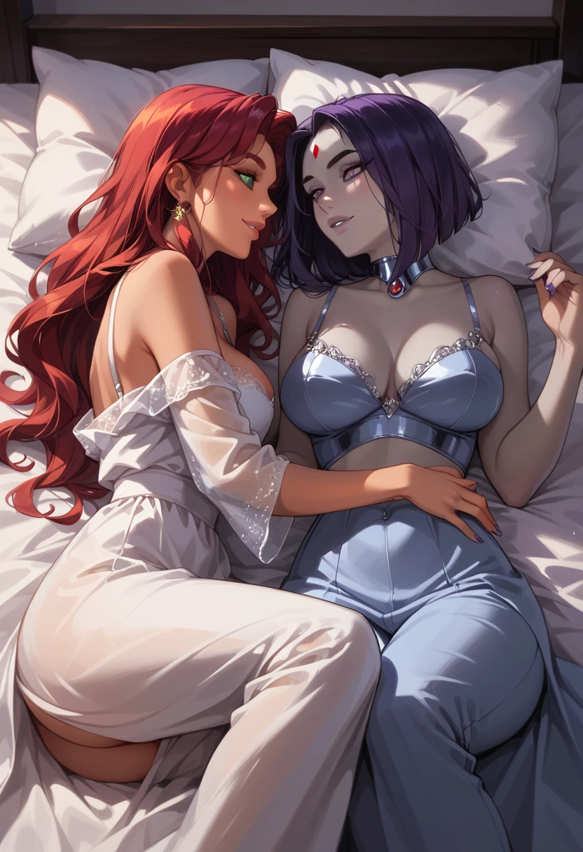 Dark Fantasy Art of score_9, score_8_up, score_7_up, rating_questionable, fantasy, lighting, epiCPhoto 2girls, duo, couple, yuri, very sexy (Raven from Teen Titans, short hair:1.2), and (Starfire, long hair:1.3), naked towel, towel, (muscular:1.1), (athletic body:1.1), (muscular body:1.1), (bulky:1.1), cute, flirt, gaze, sexy look, half-closed eyes, head tilt, filled lips, thick lips, makeup, modelling shoot, sexy pose, in the sauna, relaxing together, dark, moody, dark fantasy style.