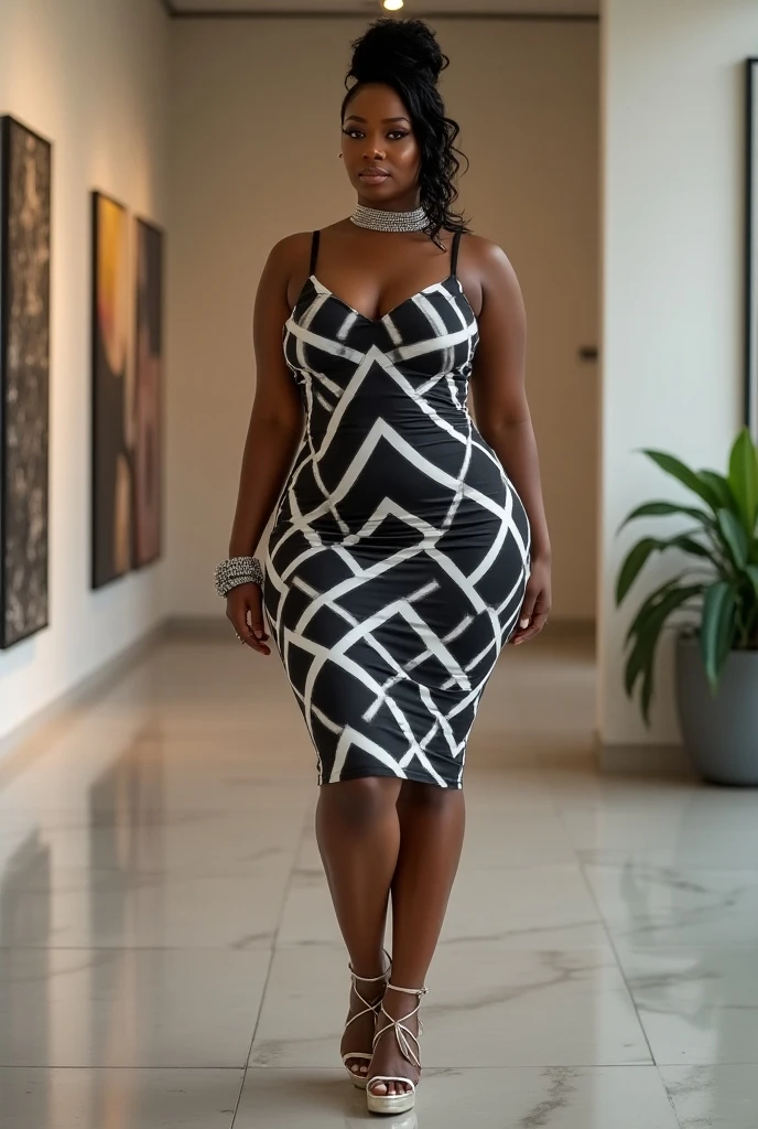 (best quality, ultra-detailed, realistic:1.37),portrait,voluptuous woman,flower,tight dress, Random dress color, passionate look,large buttocks,vibrant colors,soft lighting, standing, full body view, extreme tall, long legs, very tall, tall, black skin, front view, legs slightly apart