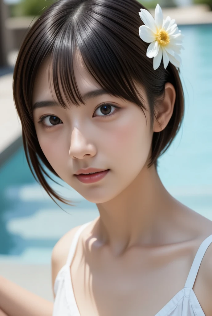 (8k、Original photo、top-quality、masterpiece:1.2)、(Realistic、 Realistic :1.37)、  ultra detail with flowers on hair 、 super high definition、 1 girl、(())、sexy, ( BEAUTIFUL GIRLS, ,  super cute idol-like face :1.2), (By the pool)、( short hair:1.2)、 Black Hair 、With bangs, Japanese High School Uniform、((White Bikini、 swimsuit))、