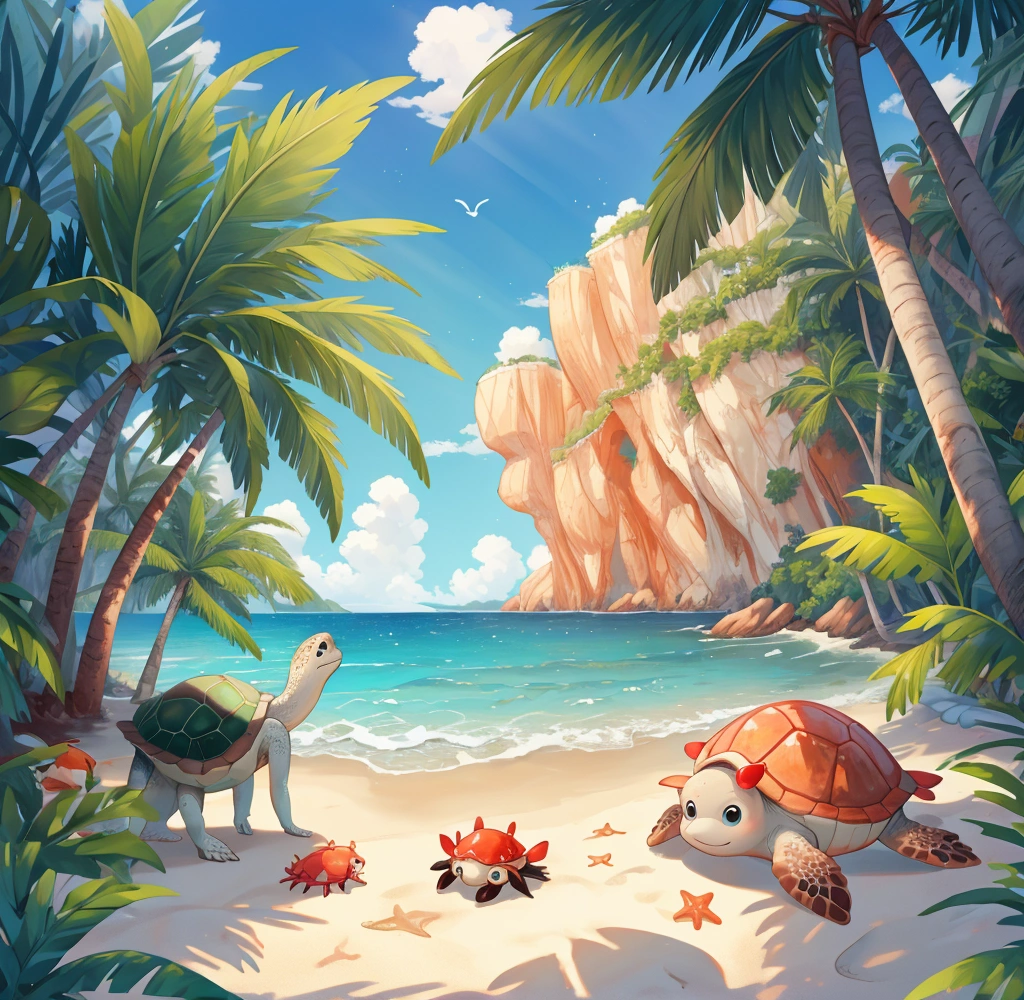 a scene of a sunny beach, crystal clear Arctic blue sea water that sends calming waves hitting on the beach sands, some tiny little red orangey crabs wandering around the beach digging holes and fighting each other, with a point of view slightly lower than eye level, some coconut tree leaves covering a small portion on top of the scene with some light rays of the sunlight passing through the gaps in between the coconut leaves, right in the middle of the scene on the beach is a pair of cute juvenal sea turtle couple, one of the sea turtles is looking at the horizon of the ocean while the other makes eye contact with the viewer with a cute curious expression, at the left and right hand sides are some small cliffs that extends til the very end of the sides of the scene