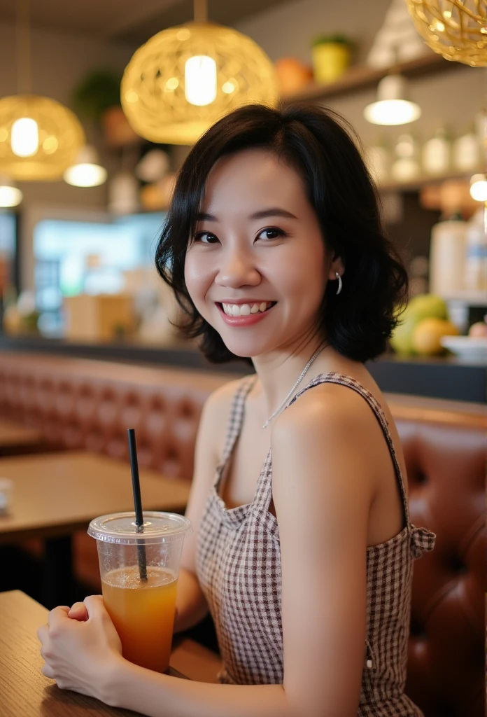 Film photography of a lady, short black hair wearing a checkered pinafore dress (back view), standing with a smiling face looking at the camera while holding out a transparent plastic cup containing iced tea and a black straw with her right hand, the background shows interior of a cafe or restaurant and tables and chairs, (warm hue, warm tone) bokeh, professional color gradient, shot by Sony a6700, sigma 23mm (35mm FFeqf), mist filter 1/4, (Best quality, 8K, 32K, masutepiece, ), (High intaglio printing model),Photorealistic, high resolution, Illustrations of the highest quality，A meticulous face