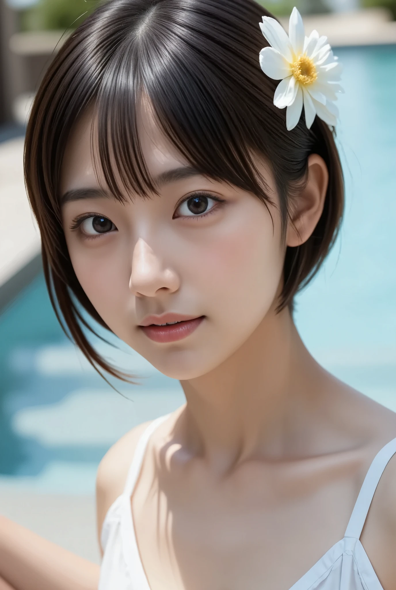 (8k、Original photo、top-quality、masterpiece:1.2)、(Realistic、 Realistic :1.37)、  ultra detail with flowers on hair 、 super high definition、 1 girl、(())、sexy, ( BEAUTIFUL GIRLS, baby face,  super cute idol-like face :1.2), (By the pool)、( short hair:1.2)、 Black Hair 、With bangs, Japanese High School Uniform、((White Bikini、 swimsuit))、