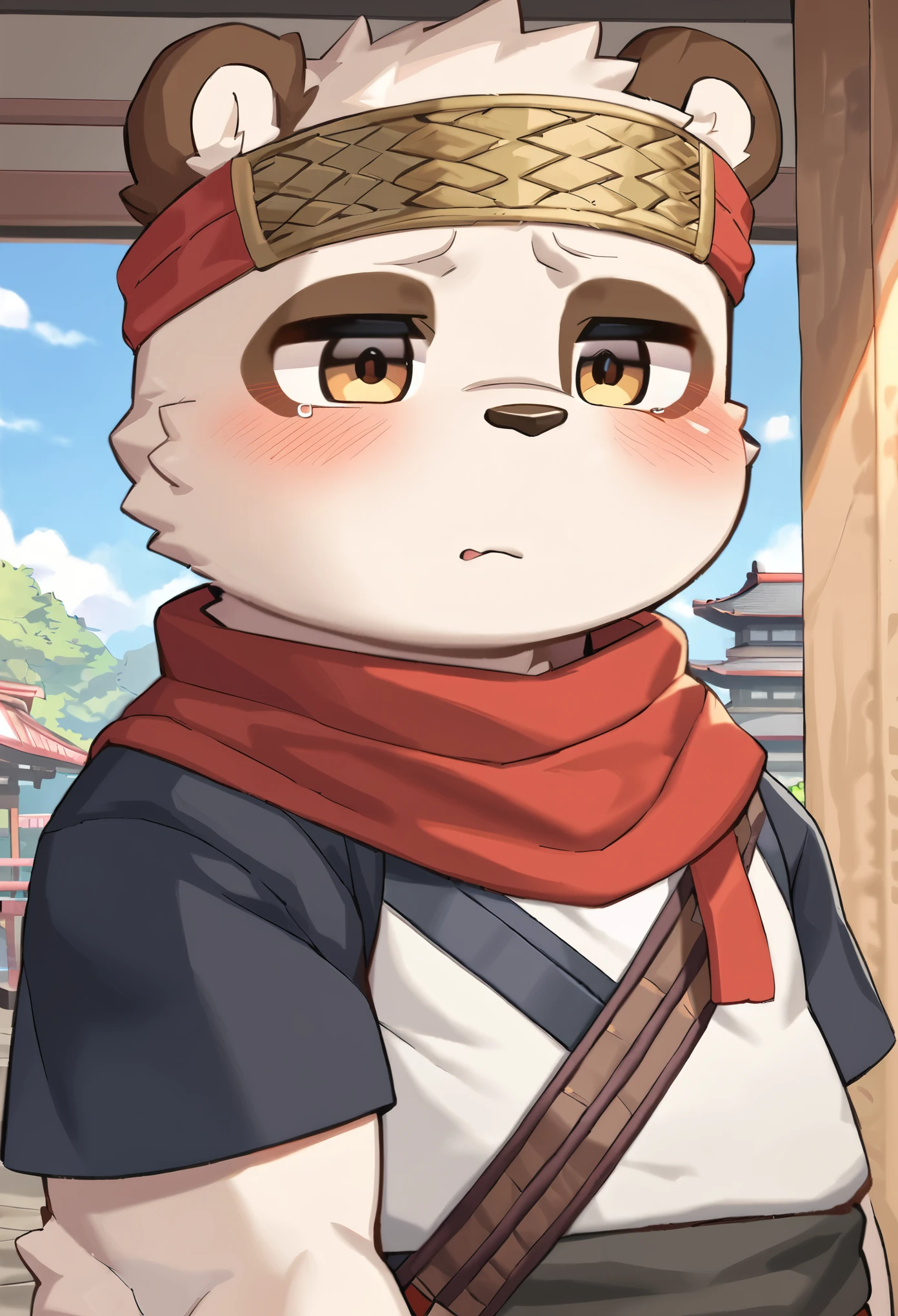 (artist: moki )1boy，(masterpiece)，(Very detailed)，(best quality)，hairy，panda，furry，Gray pupil，Chubby，(Poor)，(Japan samurai attire)，((red scarf))，((Brown headband))，(blush:1.1)，((shy))，Nervous and shy expression，Temple Background，8k，(high quality)，(Ultra high quality)，(Super detailed)，(Best Works)，(SuperQuality:1.0) ~ (SuperQuality:1.2)