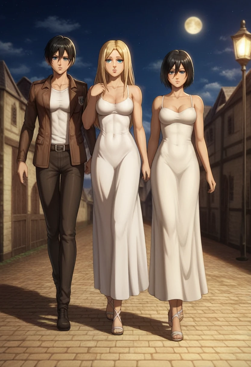 score_9, score_8_up, score_7_up, BREAK source_anime, historia reiss, blue eyes, blonde hair, long hair, medium breasts, long white dress sleeveless,female black hair walking with historia,Mikasa  with historia ,mikasa wreanig black sport and black combat pants,Mikasa female with short hair,mikasa female medium breasts,in night,moon in sky,mikasa final season, historia  with mikasa,historia blonde hair,mikasa and historia walking,historia walking holded hand of mikasa 