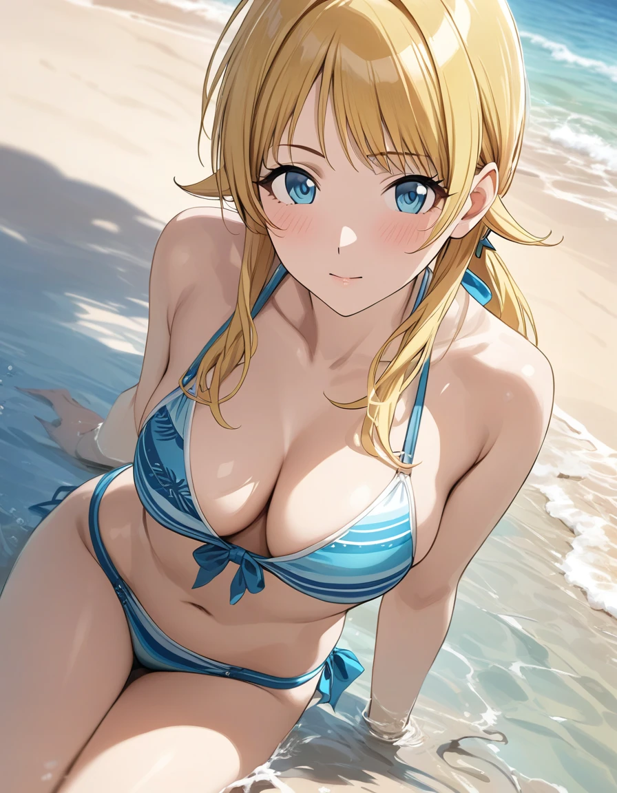 (masterpiece),(Best Quality),(Very detailed),(Best illustrations),(Best Shadow),(disorganized),(Detailed Background),(so beautiful), 
official style, 

Hachimiya Meguru, blonde hair, blue eyes, long hair, 
the idolmaster shiny colors,

beach,
in the sea,
 swimsuit,
blush,
alone,
Background Blur, 
realistic skin
focus on face,
anime style,