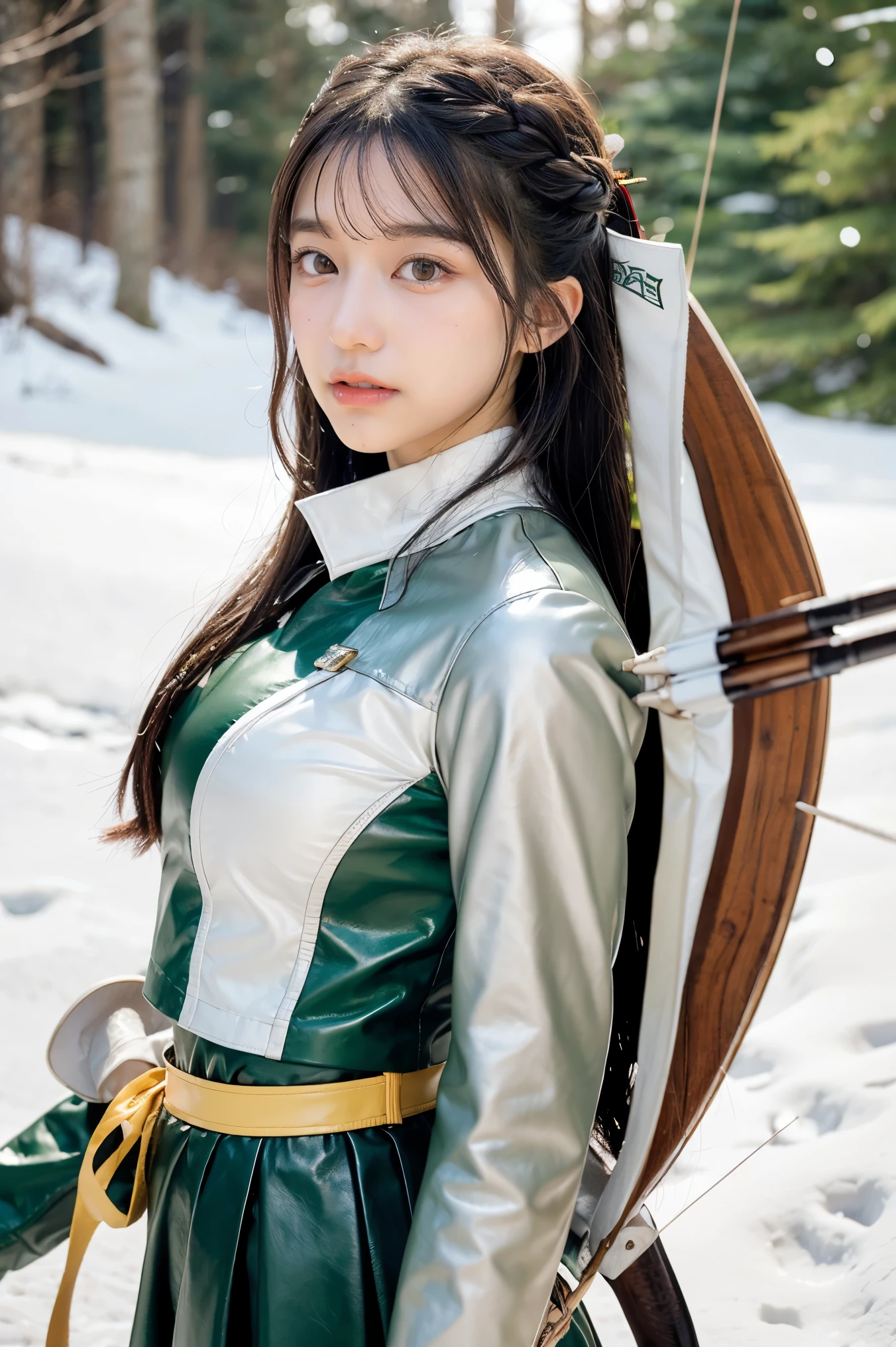 Young woman with long wavy black hair, green eyes, holding bow and arrow, in light gray leather uniform in snowy forest, with a large white tigress with yellow eyes at her side