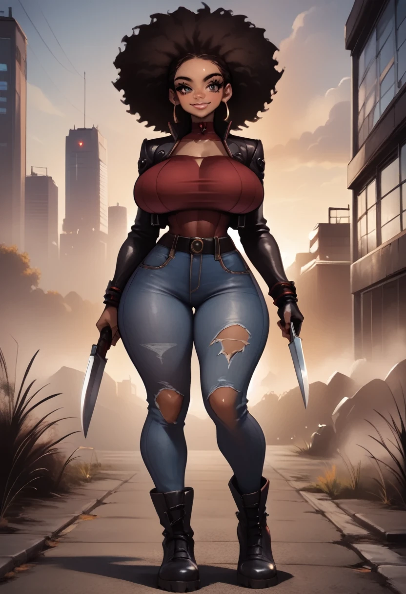 ((apocalyptic aesthetic), (masterpiece:1.2), (best quality), (ultra detailed), (8k, 4k, intricate),(full-body-shot:1), (highly detailed:1.2),(detailed background:1.2),((big breasts, wide hips, plump ass, thicc thighs, curvy female)),((smiling,plump lips)),An score_9, score_8_up, score_7_up, rating_safe, 1girl, solo, dark skinned girl with frizzy Afro hair, Cartoon drawing of a woman in a cowboy outfit holding a knife, post - apocalyptic cowgirl, in style of digital illustration, ripped jeans, combat boots, punk styled belts with skull buckle, red shirt with love sleeves, leather jacket with spiked shoulders, and fingerless gloves, inspired western comic, detailed digital illustration, stylized digital illustration, full color digital illustration, badass pose, cowgirl, cyberpunk wild west, western comic style, western comic book style, background art, 6 billion demons style, digital illustration