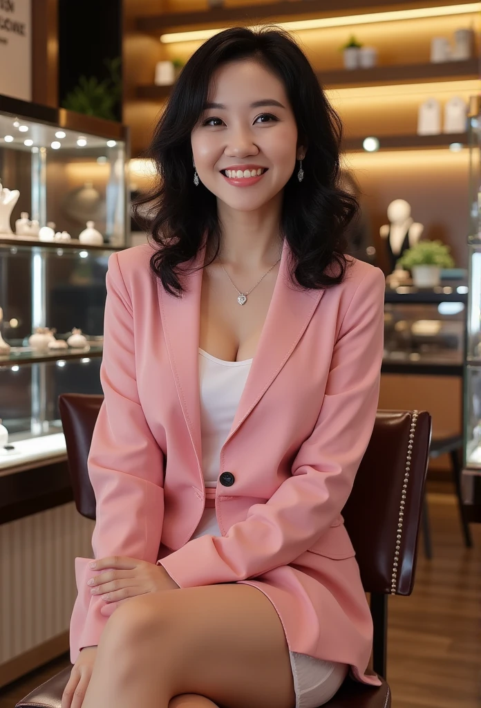 Side view,Full body of beautiful korean female, 34 inch breasts size,wearing pink suit, and short skirt, Sitting on a chair in a jewelry store, night light, bokeh background, UHD, detailed face, detailed eyes, detailed lips, detailed nose, best quality, 4k, 8k, high resolution, masterpiece:1.2, ultra-detailed, realistic, photorealistic:1.37, HDR, UHD, bokeh, super photography, dramatic light, lady,