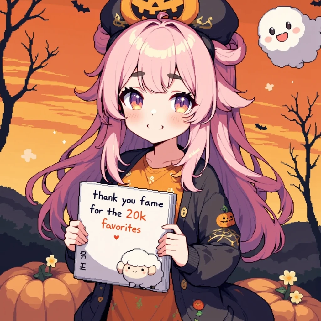 1girl, Alone, cute, Pink fluffy hair, Thick eyebrows,  big smile, jack-o-lantern round hat, Pumpkin-colored dress , black cardigan with beautiful spider web decoration, cowboy shot, Letters and pictures written on a sketchbook held in front of the chest, "Thank you for the 20k favorites♥", cute sheep doodle :0.85, Orange and black background,  cute ghosts are flying in the sky , Bat silhouette