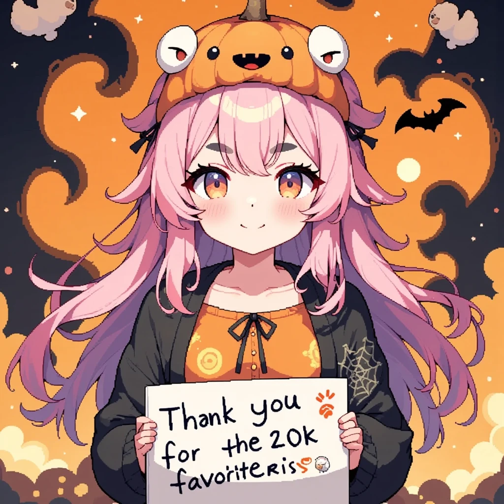 1girl, Alone, cute, Pink fluffy hair, Thick eyebrows,  big smile, jack-o-lantern round hat, Pumpkin-colored dress , black cardigan with beautiful spider web decoration, cowboy shot, Letters and pictures written on a sketchbook held in front of the chest, "Thank you for the 20k favorites♥", cute sheep doodle :0.85, Orange and black background,  cute ghosts are flying in the sky , Bat silhouette