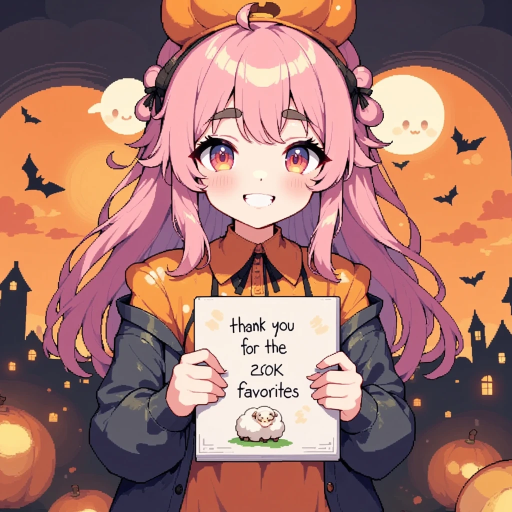 1girl, Alone, cute, Pink fluffy hair, Thick eyebrows,  big smile, jack-o-lantern round hat, Pumpkin-colored dress , black cardigan with beautiful spider web decoration, cowboy shot, Letters and pictures written on a sketchbook held in front of the chest, "Thank you for the 20k favorites♥", cute sheep doodle :0.85, Orange and black background,  cute ghosts are flying in the sky , Bat silhouette