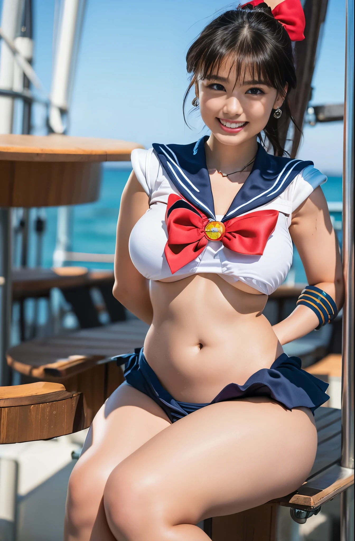 ((Extremely detailed, The Highest Quality, Realistic light, Top Quality, 8K, Masterpiece: 1.3)),(Photo of Attractive Japanese Woman), 1Girl, Abs, Perfect Body, Ultra Detailed Face, MFBP1,full body, full body photoshoot, ray tracing, optimal ratio of four fingers and one thumb, Sharp Focus: 1.2, Perfect Style, Cute smile with white teeth visible with mouth open, beautiful, beautiful, beautiful 1girl, famous for sweating profusely in the world, waist constriction, beautiful legs, taut skin, very detailed face and skin texture, detailed eyes, Double eyelids, thin cheeks, healthy skin, (exposed breasts), (disheveled clothes and hair: 1.3)), (huge breasts), (natural breasts, natural cleavage), (
Digital painting of Sailor Moon Outfit Uniform, depicting the iconic sailor collar adorned with golden stripes, a matching ribbon tied neatly, and a dazzling brooch gleaming. The vibrant background showcases a crescent moon in a starry night sky. Viewed from an elevated angle, it exudes confidence and grace. The art style is a fusion of anime and impressionism, masterfully utilizing soft lighting and vivid hues. The composition guides the viewer's gaze towards Sailor Moon's captivating eyes. High-resolution artwork highlighting exquisite patterns and intricate details. Created by Naoko Takeuchi.
),from below, (happy look)