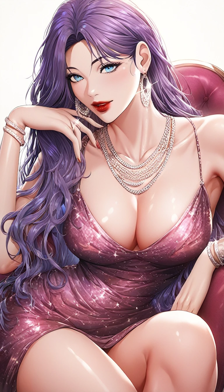 Hot beautiful sexy woman sitting on chair,red lipstick, long oversized silver hoops Earrings, medium rounded breasts , purple hair , slick back hair,bracelet ,detailed, blue eyes, curvy body  ,manhwa style, ,detailed eyes,manhwa page,manhwa art style, jewellery, bangles, bracelet, shoulder jewellery,waist jewellery,long necklace, multiple necklace,heavy necklace ,  magazine cover, magazine cover page, fashion magazine ,sexy pose