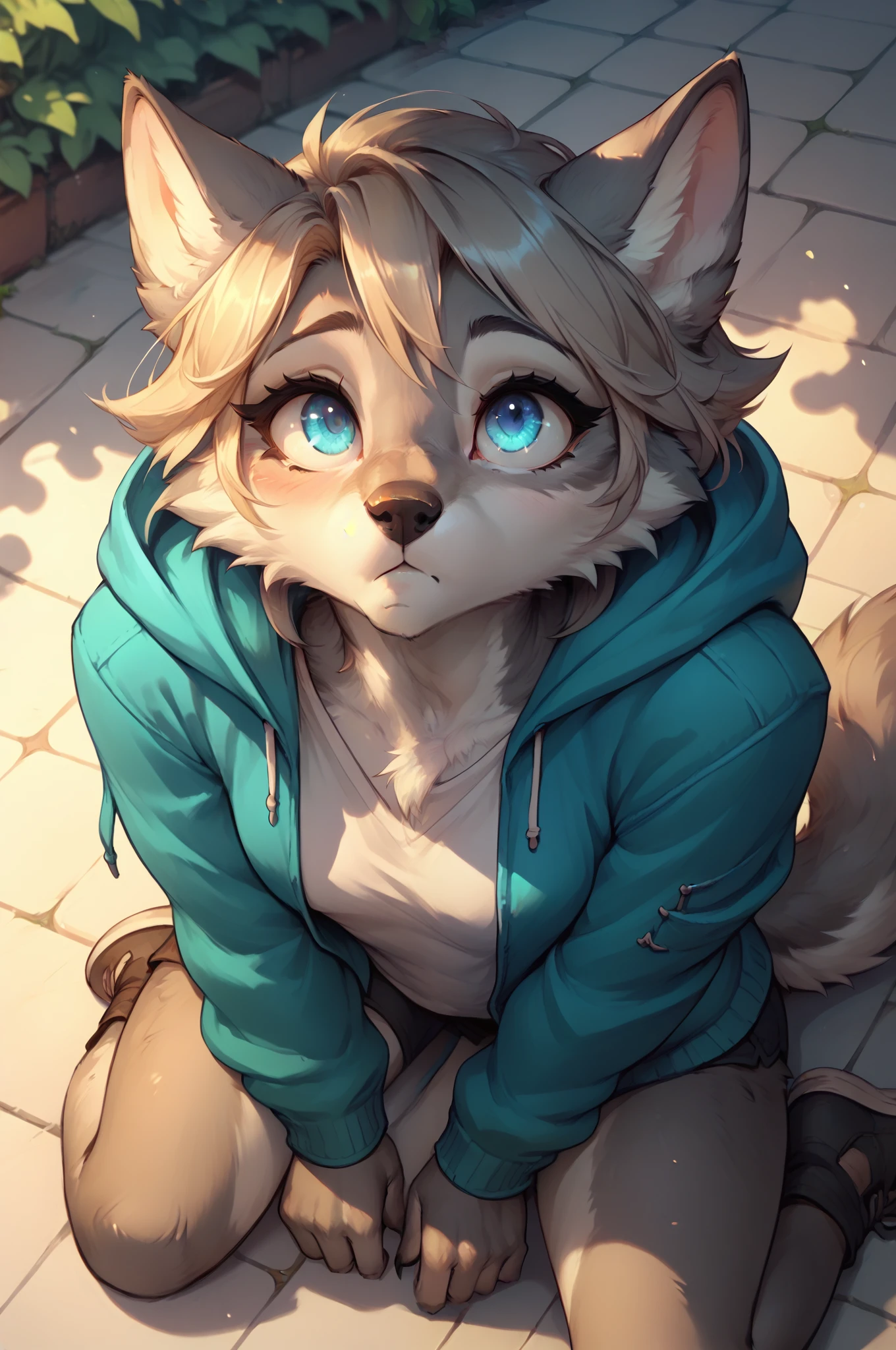 furry, wolf, she-wolf, sitting on the floor, Darling, female, stands in profile, in a cute hooded jacket, looks up, thought about it, in the park
