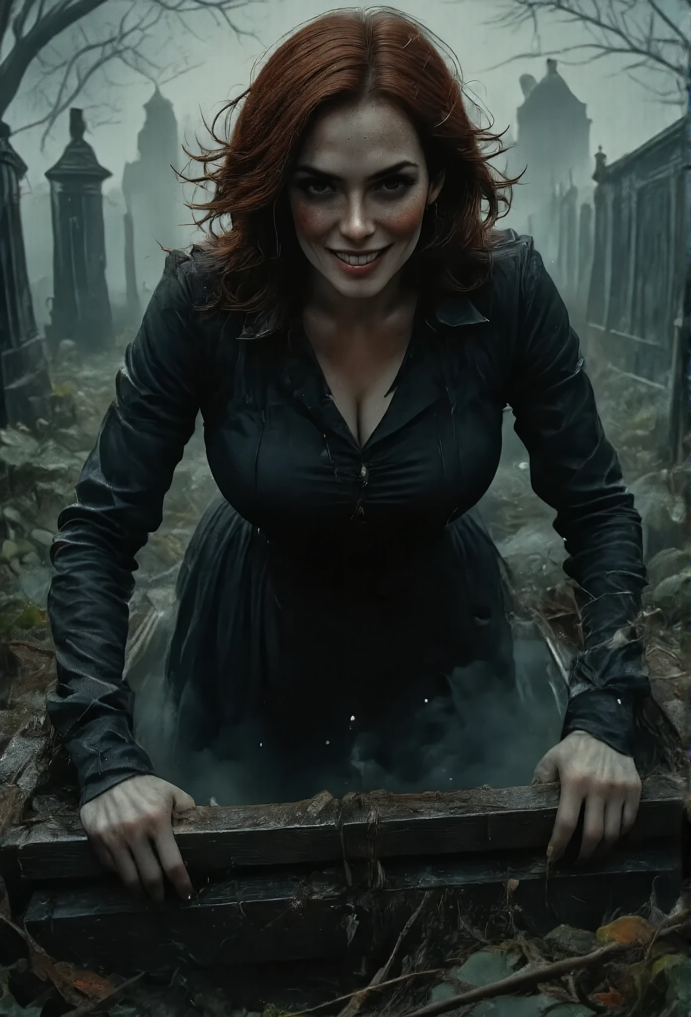 Photorealistic, cinematic style, a foggy cemetary. open grave. A woman is climbing out of the grave. Her legs are hidden from the view but her upper body is visible. Camera is on the grassroot level. She is a mature beautiful British woman. Deathly pale skin. Dark shadows under her eyes. She has Brown eyes, downturned eye shape. looking in the camera. Scary smile. She has long reddish-brown hair, undercut hairdo. Some earth in her hair. Black dress. Perfect hand,HDR, intricate details, scary
