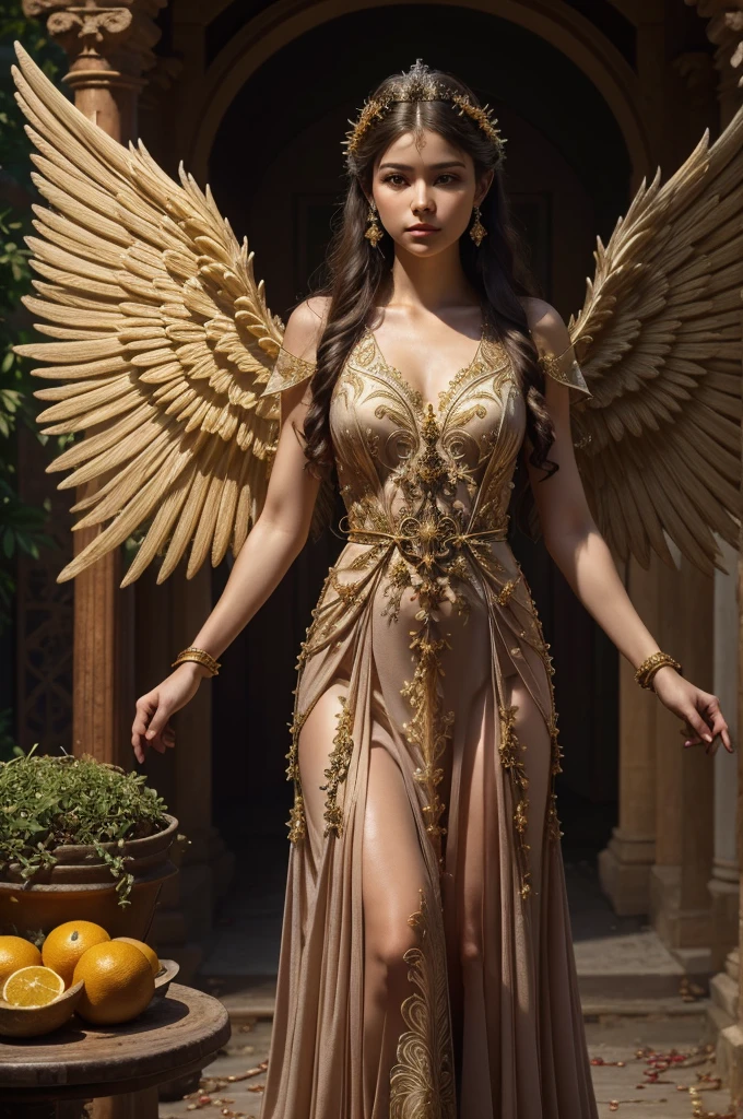 Create a hyper-realistic, front-facing depiction of a single magnificent being that blends the essence of an angel, a fairy, and an elemental spirit of nature. This is the Angel of Abundance, represented through natural elements woven into their attire and wings. The angel stands alone with large, beautifully spread wings adorned with pomegranates, oranges, tangerines, and citronella branches, symbolizing abundance and prosperity. The angel wears a flowing gown made from delicate plant fibers, decorated with intricate citrus fruit embroidery. Over the dress, the being is adorned with an ultra-detailed, gold armor-style vest intricately engraved with organic, nature-inspired designs. The angel gently holds an ancient, worn-out book in both hands, exuding wisdom and mystery. The scene should feel ethereal and magical, with soft light highlighting the single angel’s serene face, large wings decorated with fruits and branches, and the exquisitely crafted armor, adding an aura of both grace and abundance