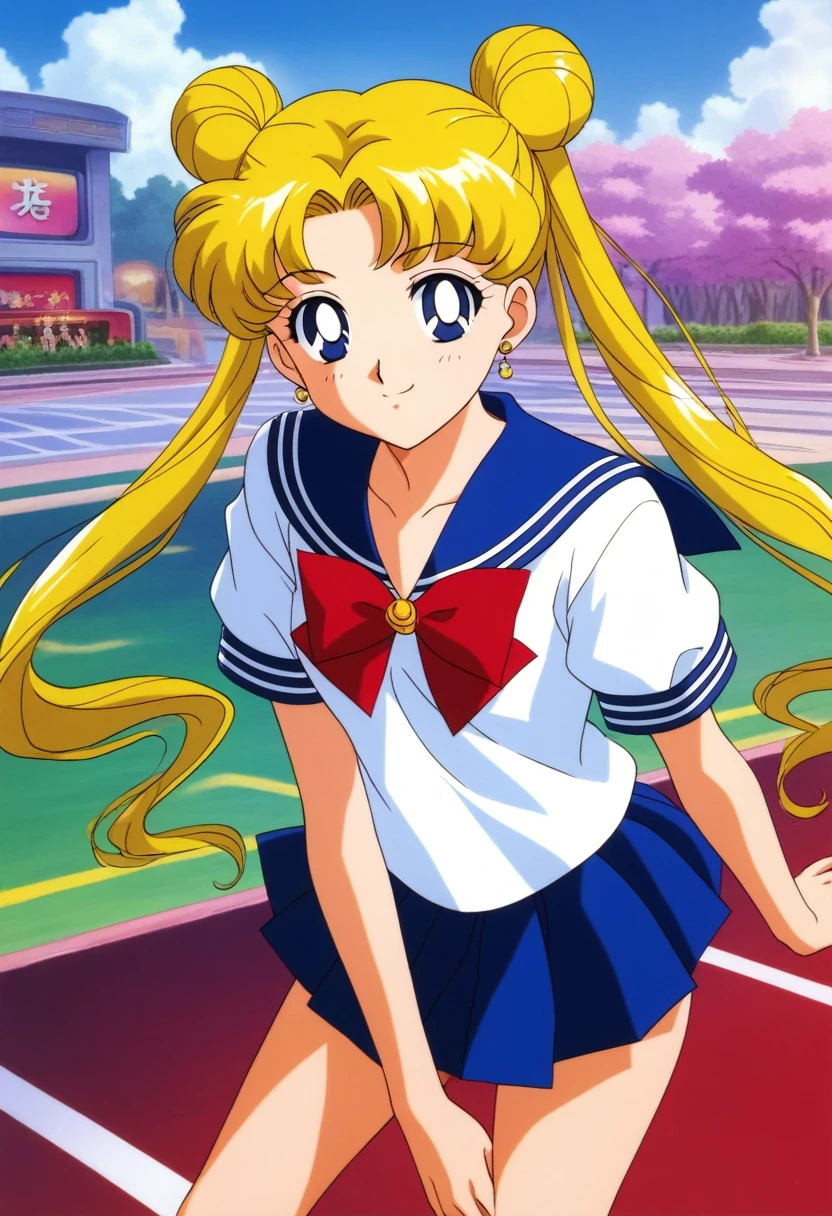 score_9,score_8_up,score_7_up,score_6_up,score_5_up,score_4_up,source_anime,
(masterpiece,highest quality,Super detailed,8k,High resolution,an extremely delicate and beautiful,Official Art,Perfect Anatomy:1.5),((90s anime,90s anime style,Cel-shaded anime,anime screencap,anime coloring:1.25)),(solo:1.5),
perfect face,beautiful,sexy,athletic body,shiny skin,((gaming arcade:1.17)),
((aausagi:1.52)),double bun,twintails,long hair,blonde hair,parted bangs,blue eyes,school uniform,serafuku,pleated skirt,shoes,socks,bowtie,blue sailor collar,red bow,blue skirt,