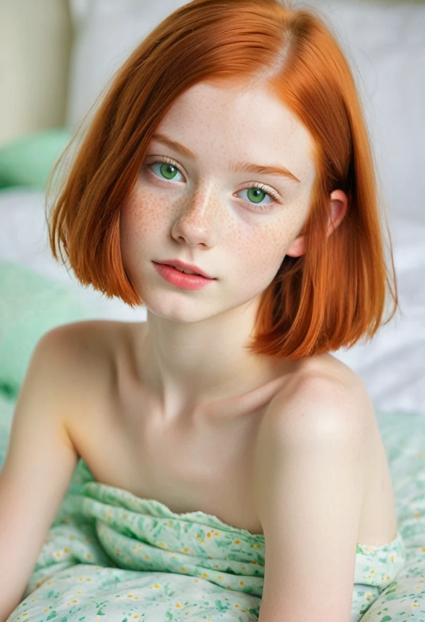 hyperrealisitic, adolescent, American Sweetheart, 14yo with red hair, chin-length  bob haircut, green eyes, pale  White Skin, freckles on cheeks, small lips, thin face. realisitic, nude body, Photo sexy, a tiny, Photo sexy, (sit posing), bed-in, young nude  body model, goosebumps, hardnipples