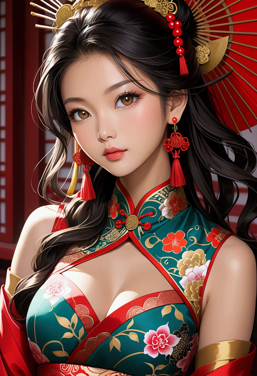 black widow in a sexy revealing golden red kimono dress with a gold halo, japanese goddess, chie yoshii, elegant japanese woman, revealing look, portrait of a beautiful geisha, intricate sexy geisha kimono, japanese art style