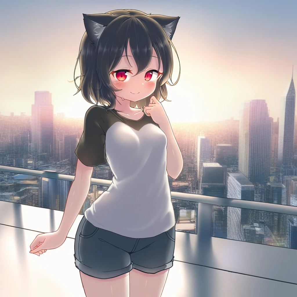 masterpiece, best quality, absurdres, two heads, conjoined, 1girl, cat ears, shirt, shorts, city background, smile