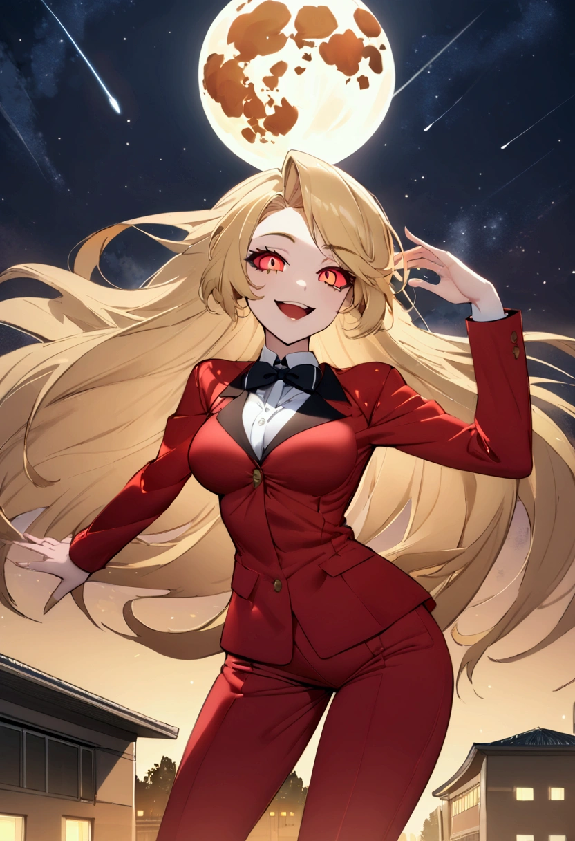 ((best quality)), ((highly detailed)), absurdres, (detailed eyes, deep eyes), (1girl), dynamic pose, cowboy shot, charlie morningstar, blonde hair, very long hair, red eyes, (colored sclera), medium breasts, smiling, red jacket, black bowtie, red pants, high heels, white footwear, (outside, at a school, building, midnight, night sky, stars, full moon, shooting star)