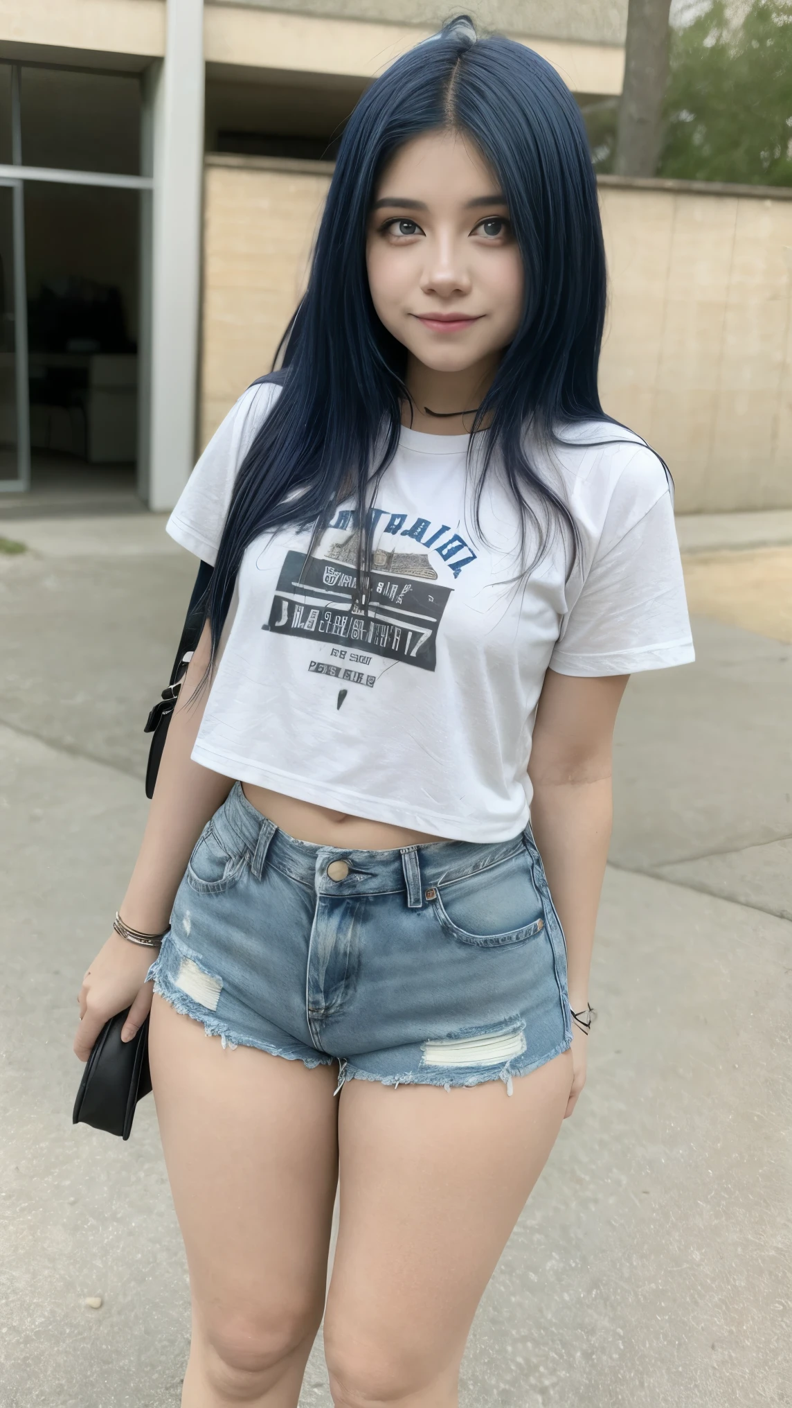 A cute  girl wearing denim shorts and a t-shirt 