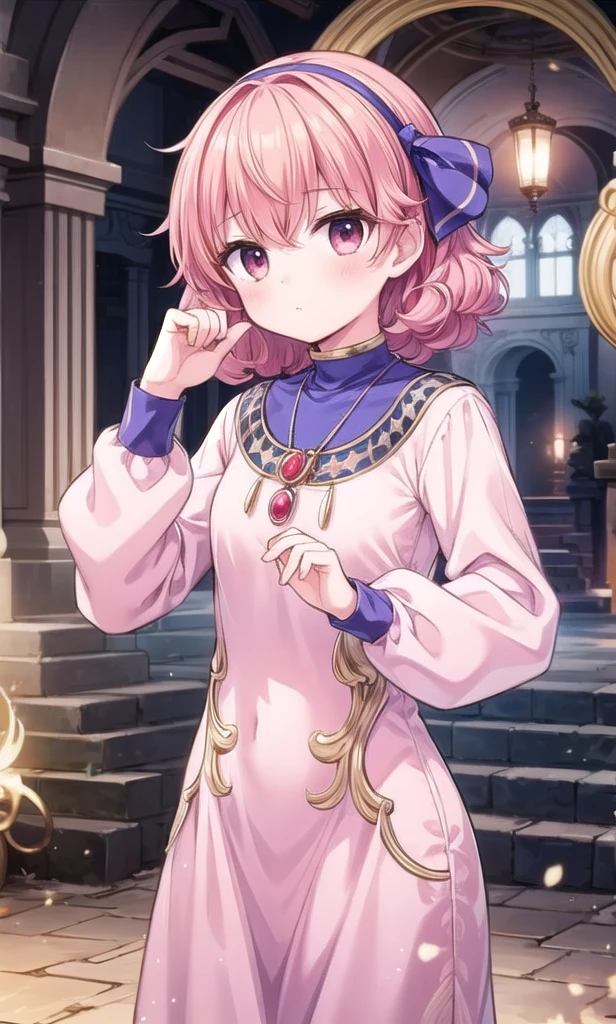 1girl, solo, masterpiece, best quality, perfect hands, genny, hairband, necklace, long dress, magic, cowboy shot, short hair, curly hair