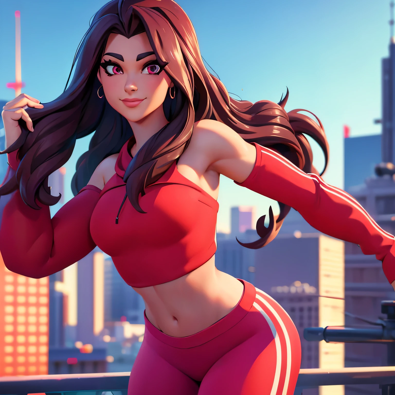 Ruby , (fortnite),1girl, solo, long hair, looking at viewer, smile, city background, bare shoulders, tight shirt, closed mouth, portrait, red sweatshirt, skin tight pants, red sports pants, realistic, best quality, masterpiece, ultra detail, ultra high res, extreme detail, 8k, uhd