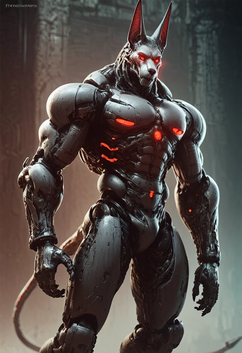 gigerworld, muscular armored anthro jackal, demonic, red glowing eyes, robotic joints, robotic parts, mechanization, score_9, score_8_up, score_7_up, score_6_up, score_5_up, score_4_up,