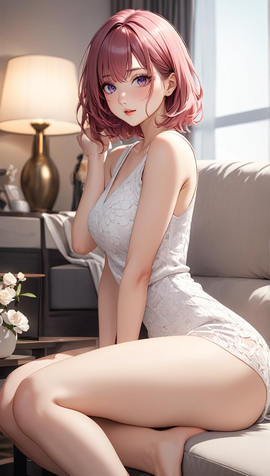 (((masterpiece))),(((High resolution)))、(((8K)))、(((perfect face)))、one beautiful Woman, (((beauty of japan)))、30 years old、(((beautiful face))), (((white tight tanktop dress)), pink short hair, tight dress, short dress. embarrassed look, look at the camera, detailed texture, look at the camera, all body, big, cool women, bare legs, living room, full limbs, casual wife, sexy pose (((high resolution eyes)))
